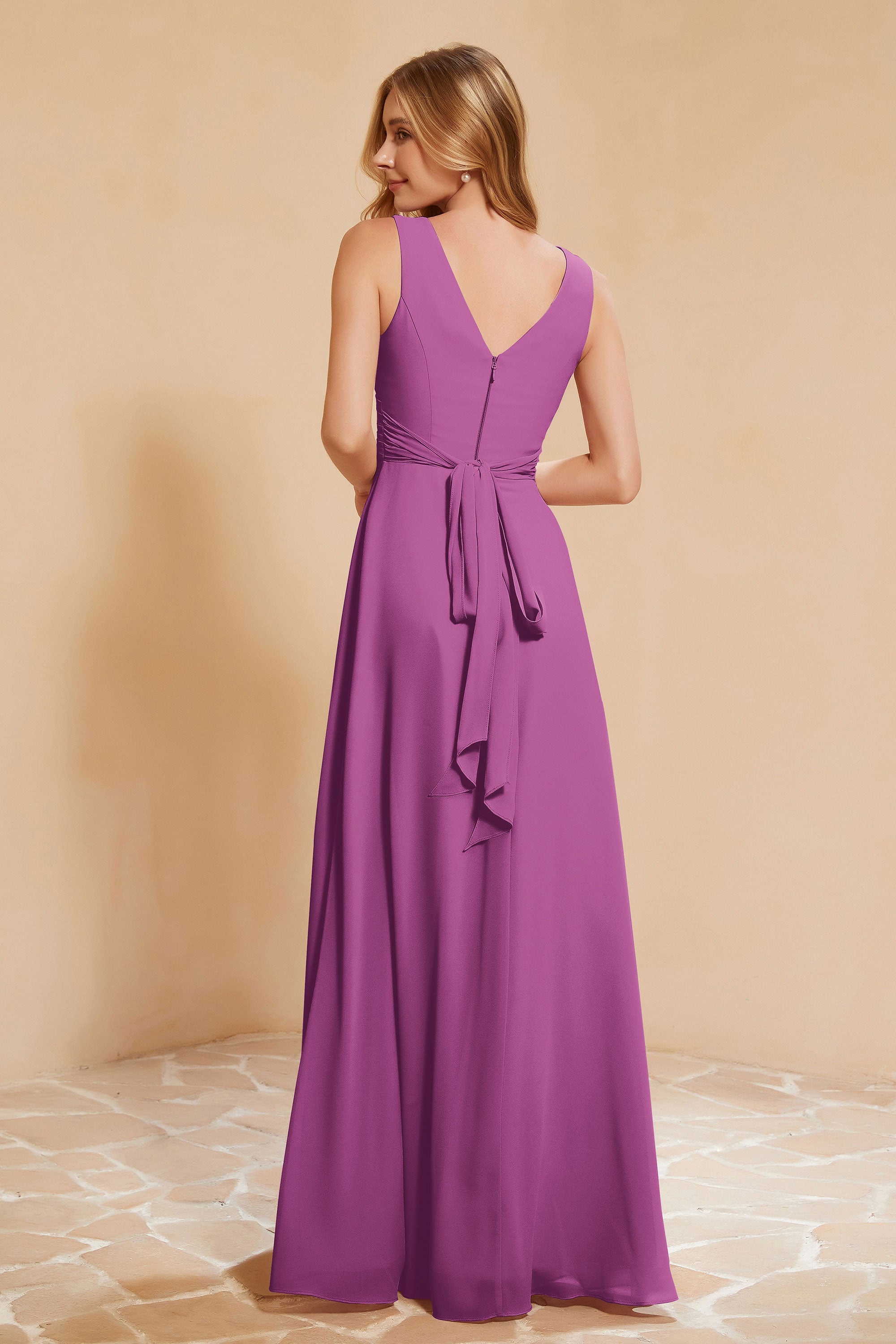 V Neckline Chiffon Bridesmaid Dress Long Pleated A Line Formal Evening Dresses Gowns
