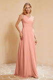 V Neckline Chiffon Bridesmaid Dress Long Pleated A Line Formal Evening Dresses Gowns
