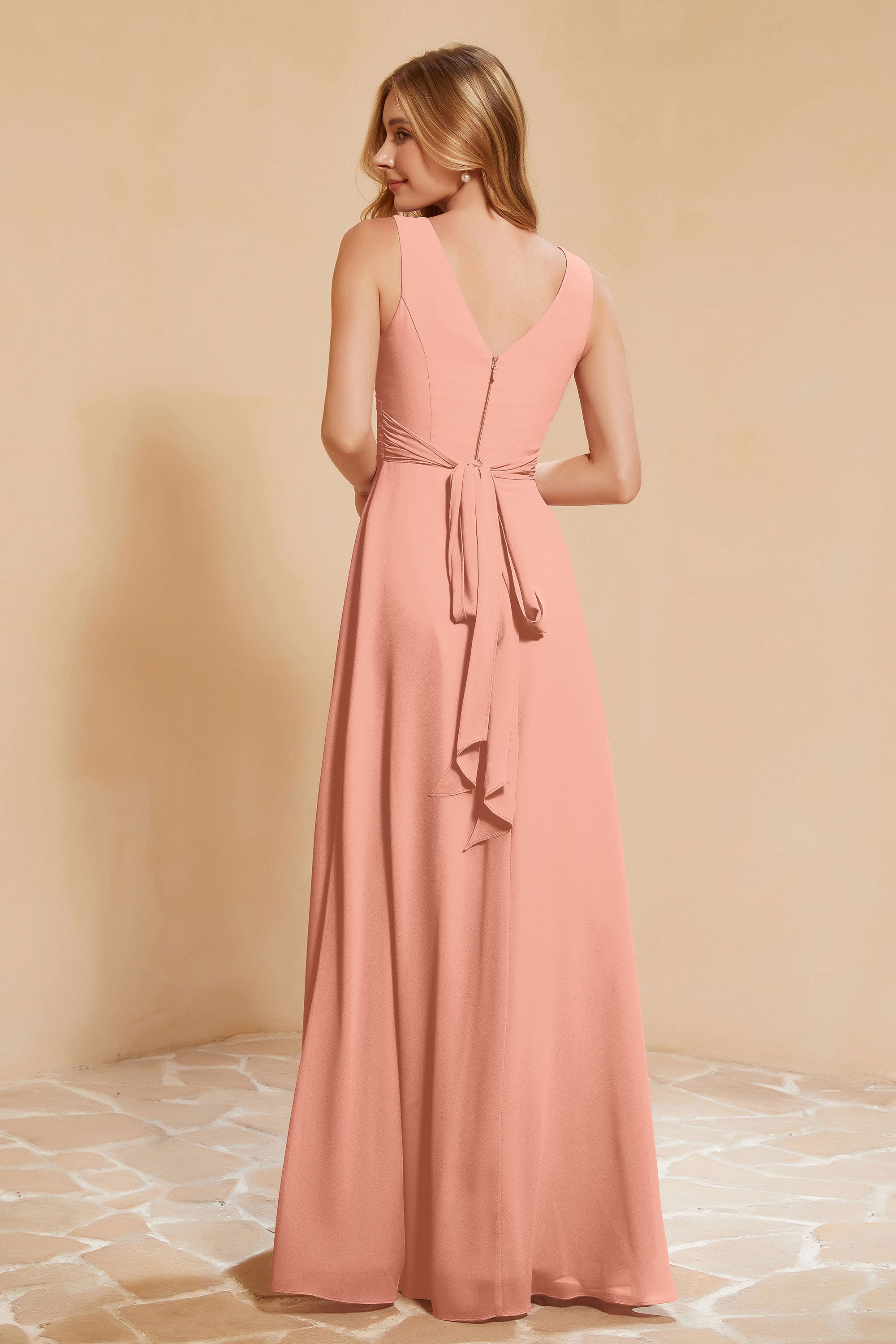 V Neckline Chiffon Bridesmaid Dress Long Pleated A Line Formal Evening Dresses Gowns