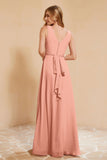 V Neckline Chiffon Bridesmaid Dress Long Pleated A Line Formal Evening Dresses Gowns