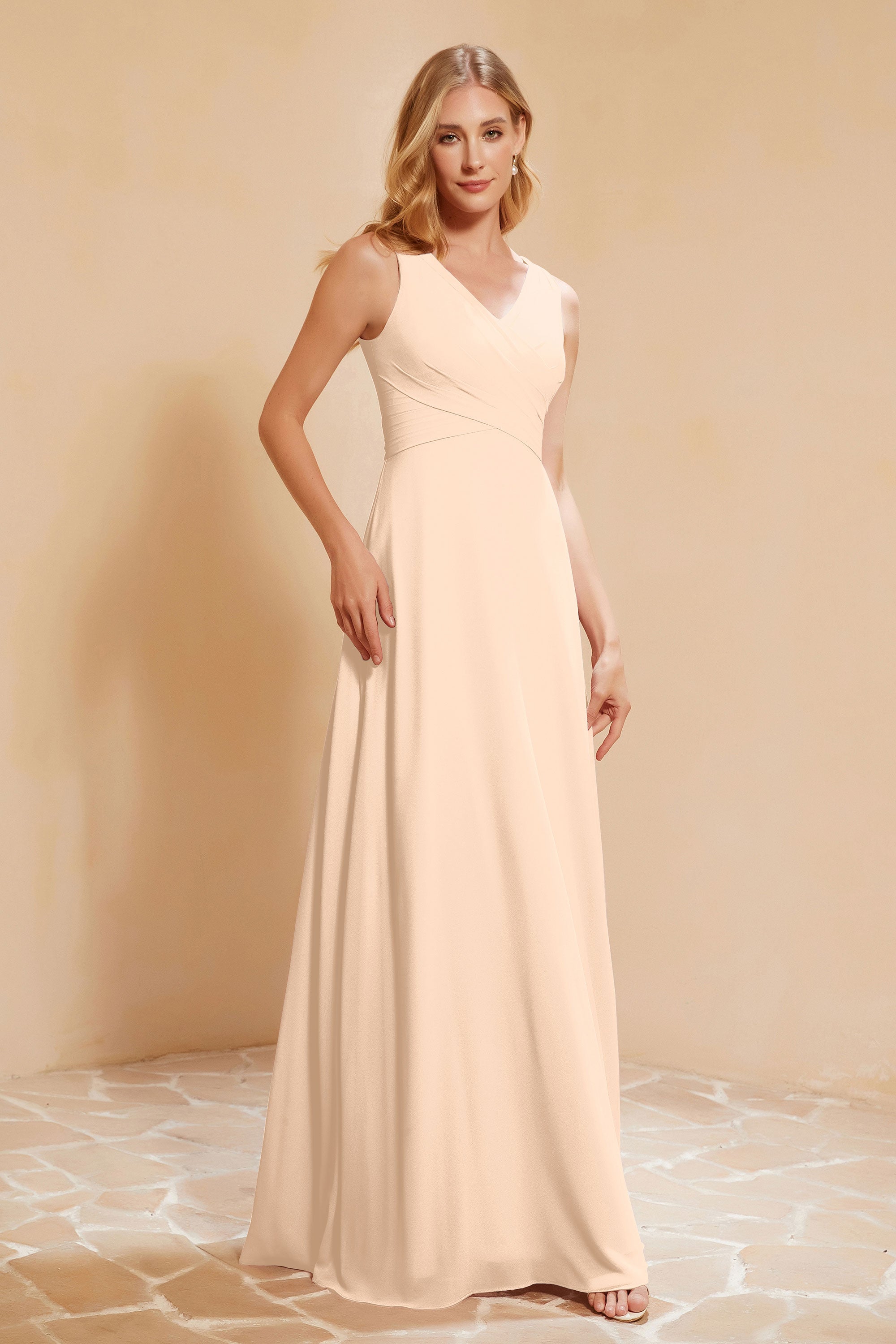 V Neckline Chiffon Bridesmaid Dress Long Pleated A Line Formal Evening Dresses Gowns