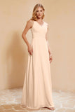 V Neckline Chiffon Bridesmaid Dress Long Pleated A Line Formal Evening Dresses Gowns