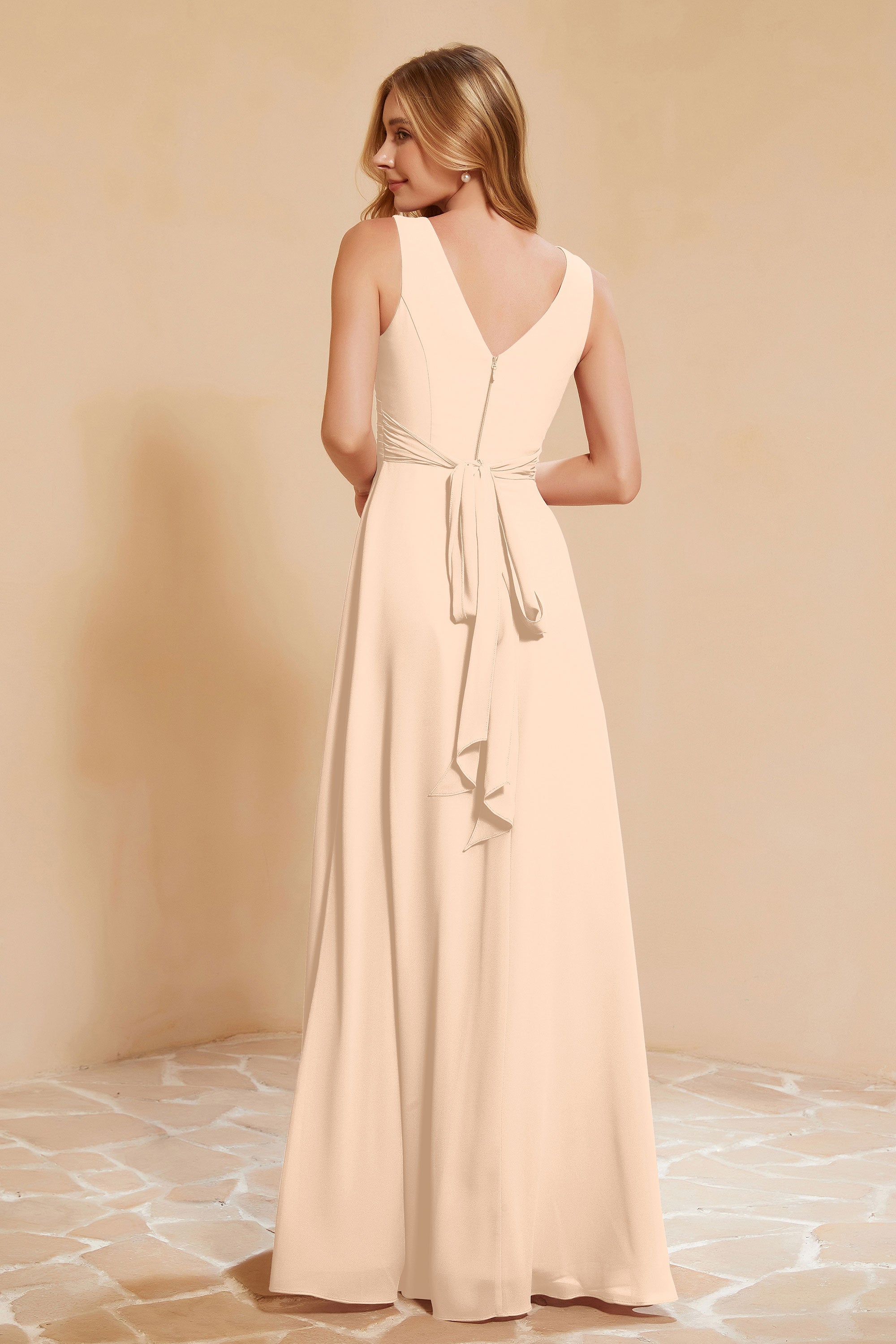 V Neckline Chiffon Bridesmaid Dress Long Pleated A Line Formal Evening Dresses Gowns