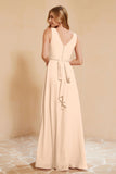 V Neckline Chiffon Bridesmaid Dress Long Pleated A Line Formal Evening Dresses Gowns