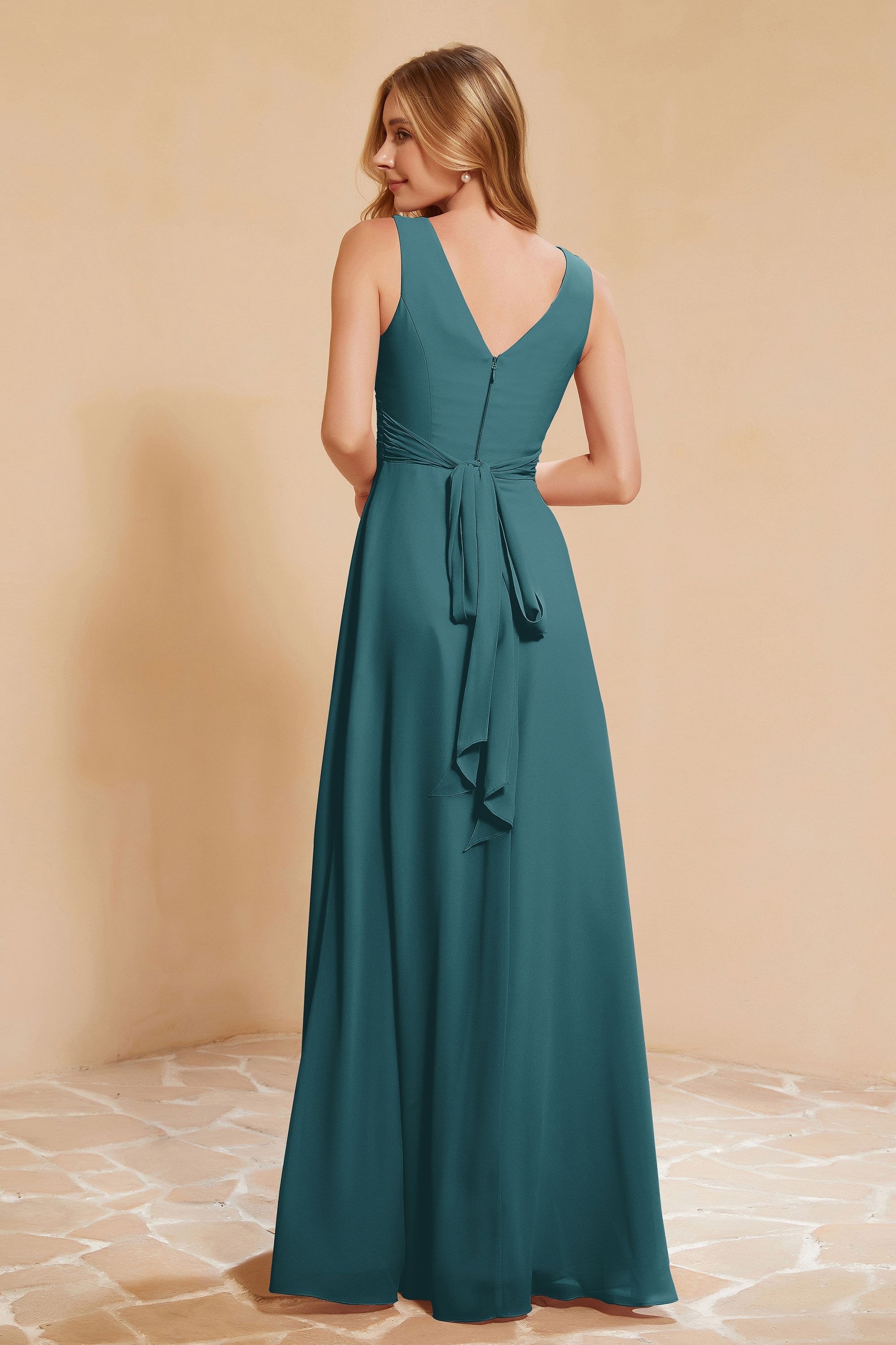 V Neckline Chiffon Bridesmaid Dress Long Pleated A Line Formal Evening Dresses Gowns