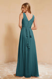 V Neckline Chiffon Bridesmaid Dress Long Pleated A Line Formal Evening Dresses Gowns