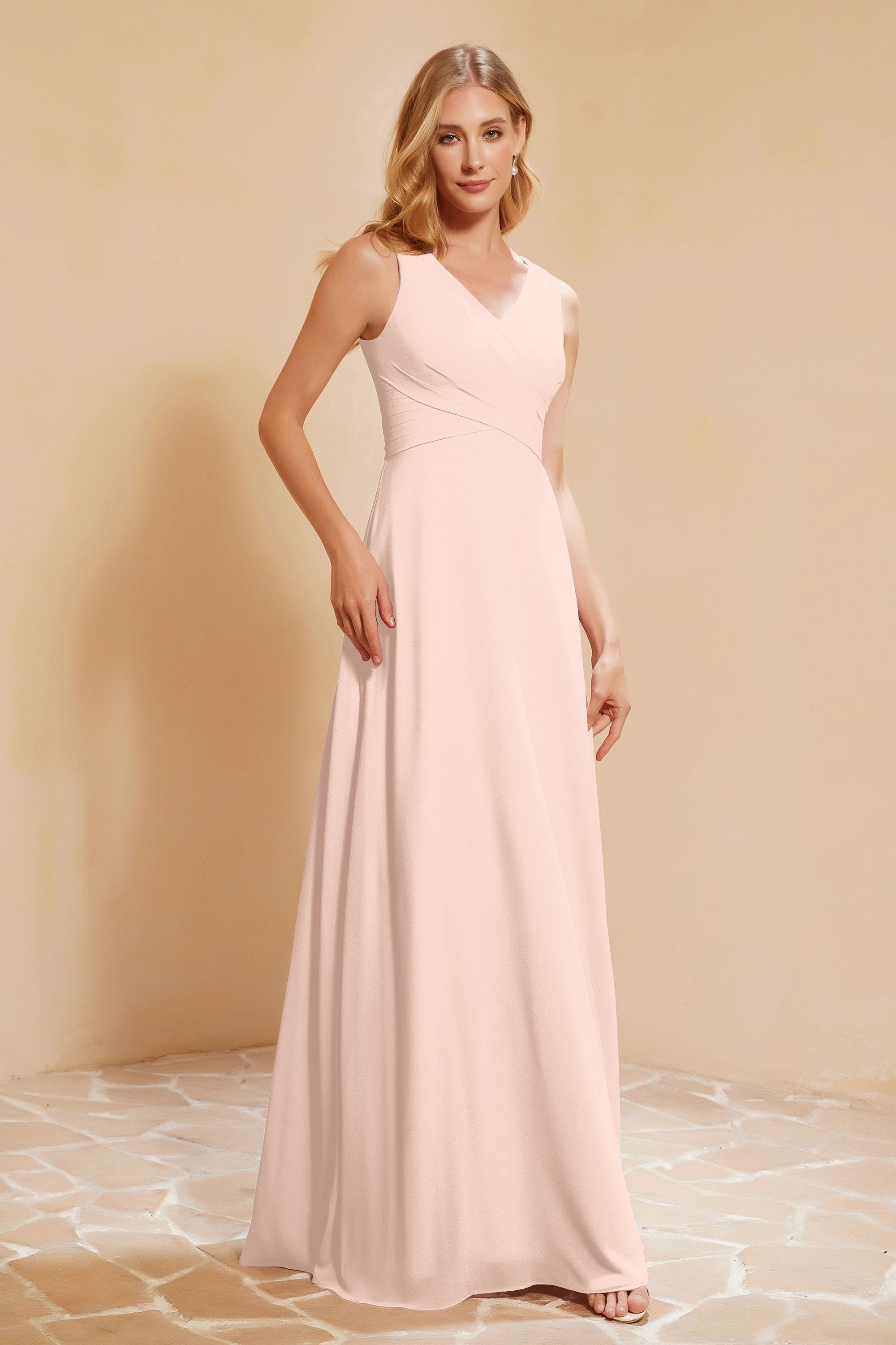 V Neckline Chiffon Bridesmaid Dress Long Pleated A Line Formal Evening Dresses Gowns