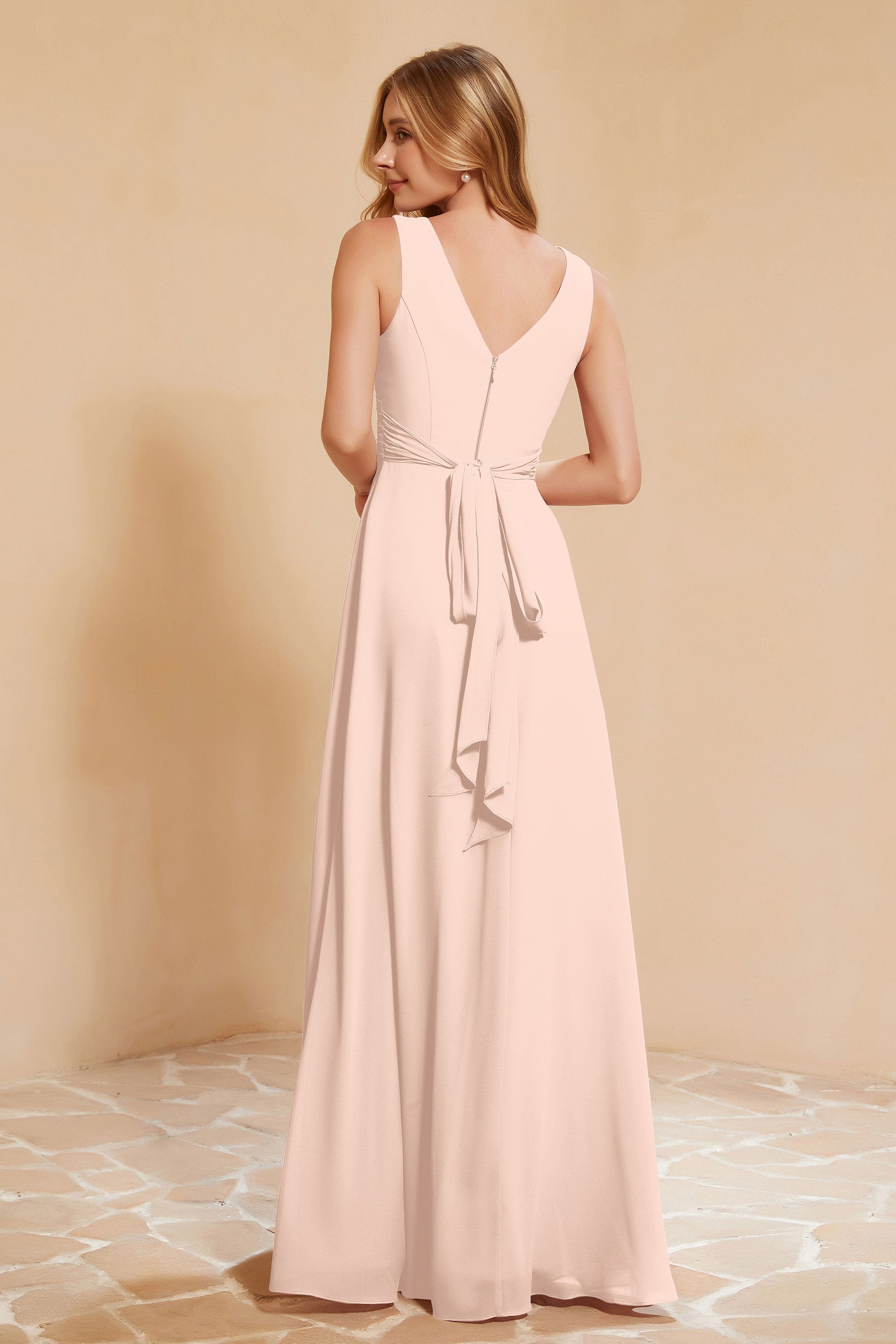 V Neckline Chiffon Bridesmaid Dress Long Pleated A Line Formal Evening Dresses Gowns