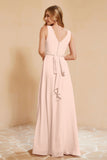 V Neckline Chiffon Bridesmaid Dress Long Pleated A Line Formal Evening Dresses Gowns