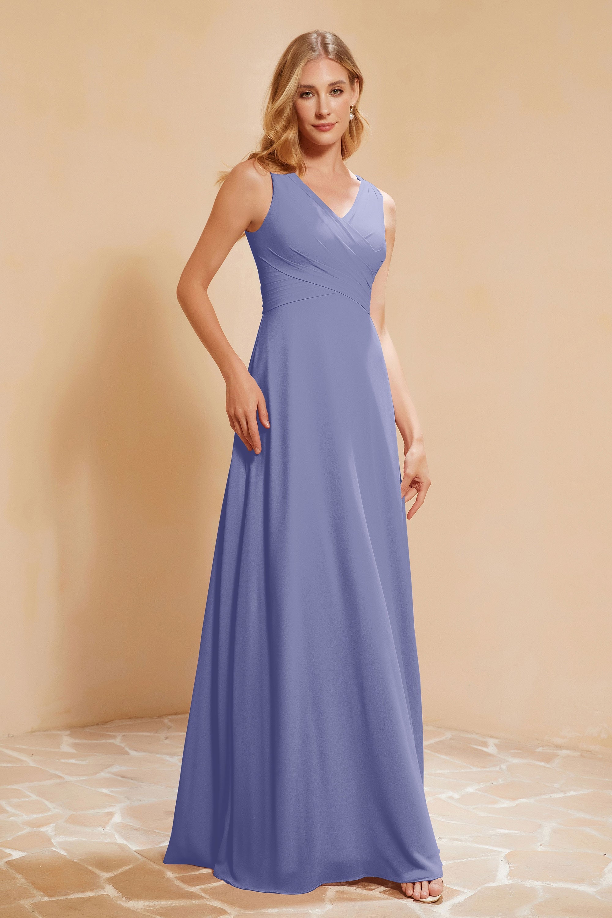 V Neckline Chiffon Bridesmaid Dress Long Pleated A Line Formal Evening Dresses Gowns