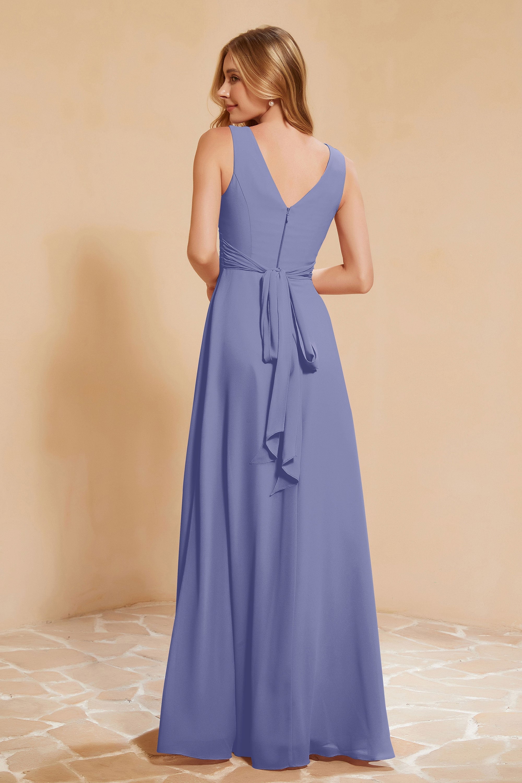 V Neckline Chiffon Bridesmaid Dress Long Pleated A Line Formal Evening Dresses Gowns