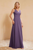 V Neckline Chiffon Bridesmaid Dress Long Pleated A Line Formal Evening Dresses Gowns