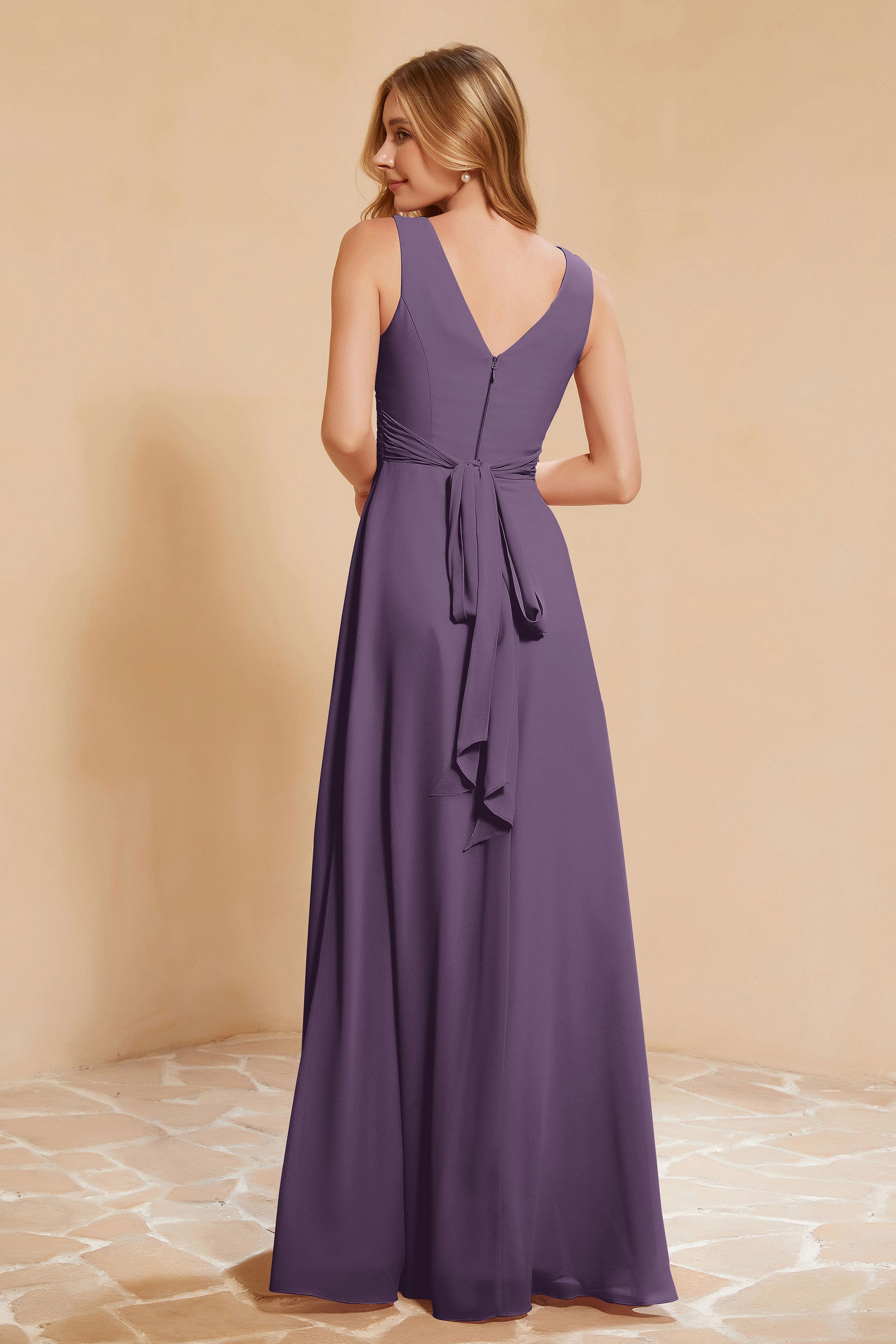 V Neckline Chiffon Bridesmaid Dress Long Pleated A Line Formal Evening Dresses Gowns