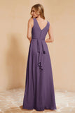 V Neckline Chiffon Bridesmaid Dress Long Pleated A Line Formal Evening Dresses Gowns