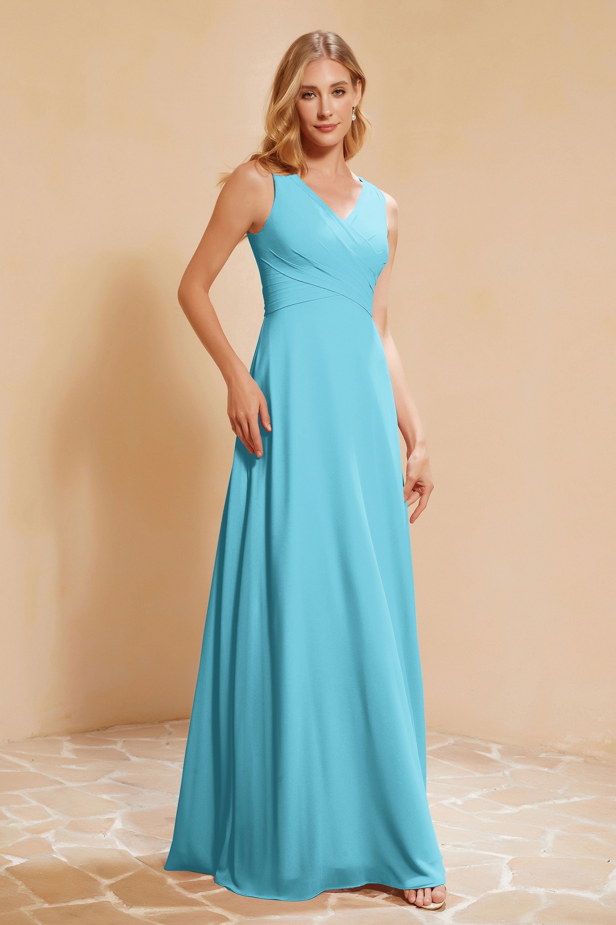 V Neckline Chiffon Bridesmaid Dress Long Pleated A Line Formal Evening Dresses Gowns