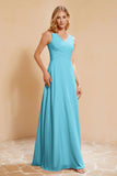 V Neckline Chiffon Bridesmaid Dress Long Pleated A Line Formal Evening Dresses Gowns