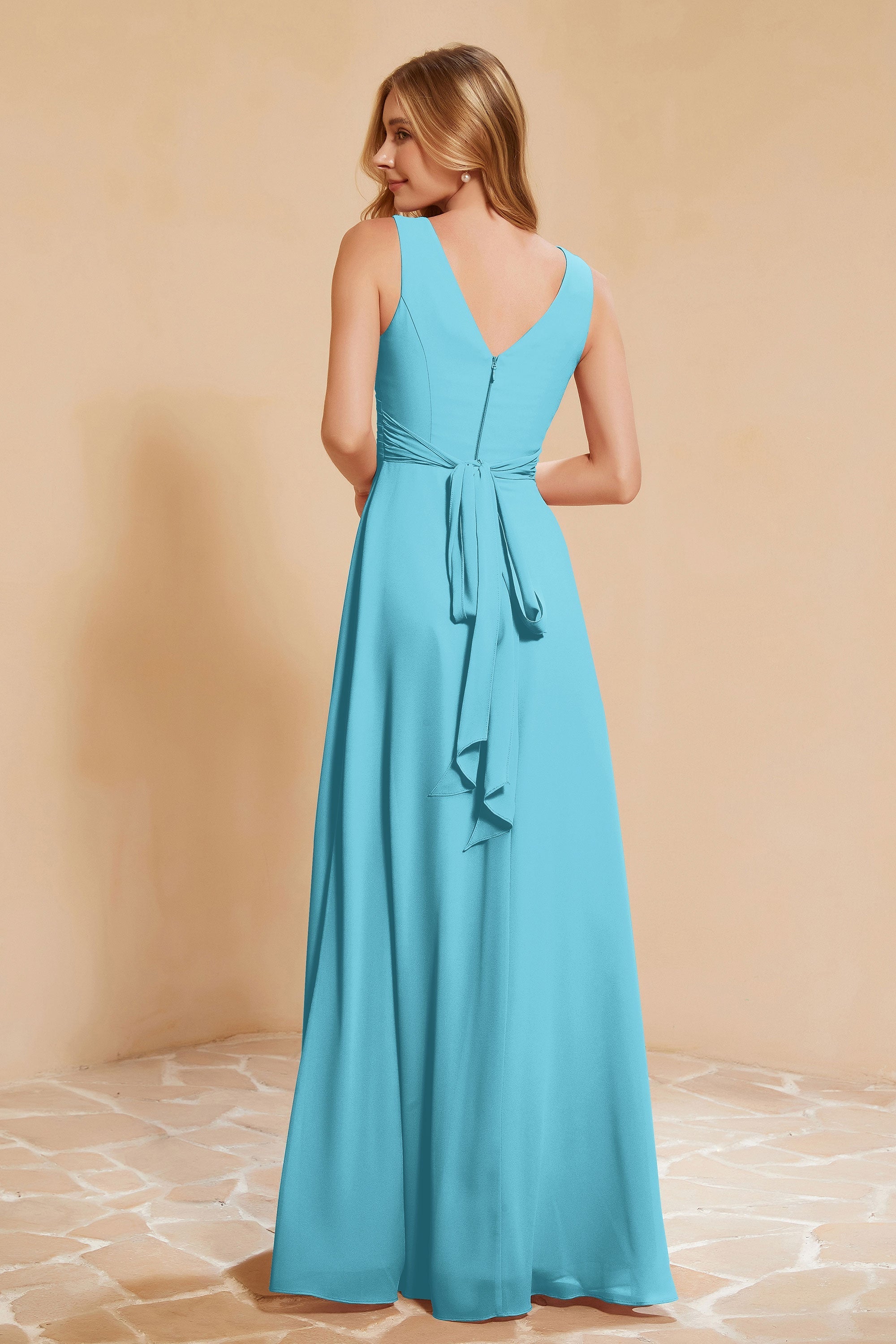V Neckline Chiffon Bridesmaid Dress Long Pleated A Line Formal Evening Dresses Gowns