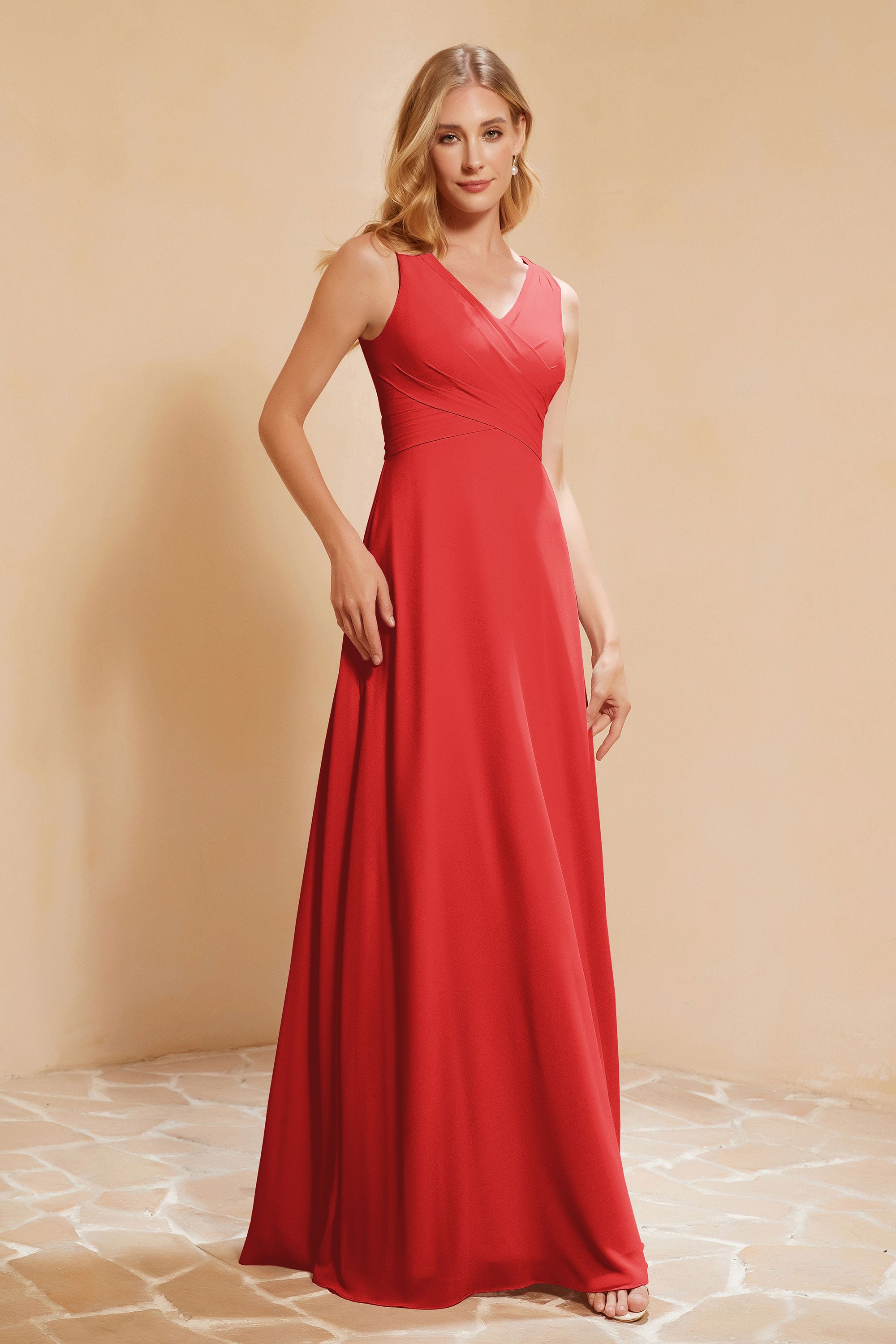V Neckline Chiffon Bridesmaid Dress Long Pleated A Line Formal Evening Dresses Gowns