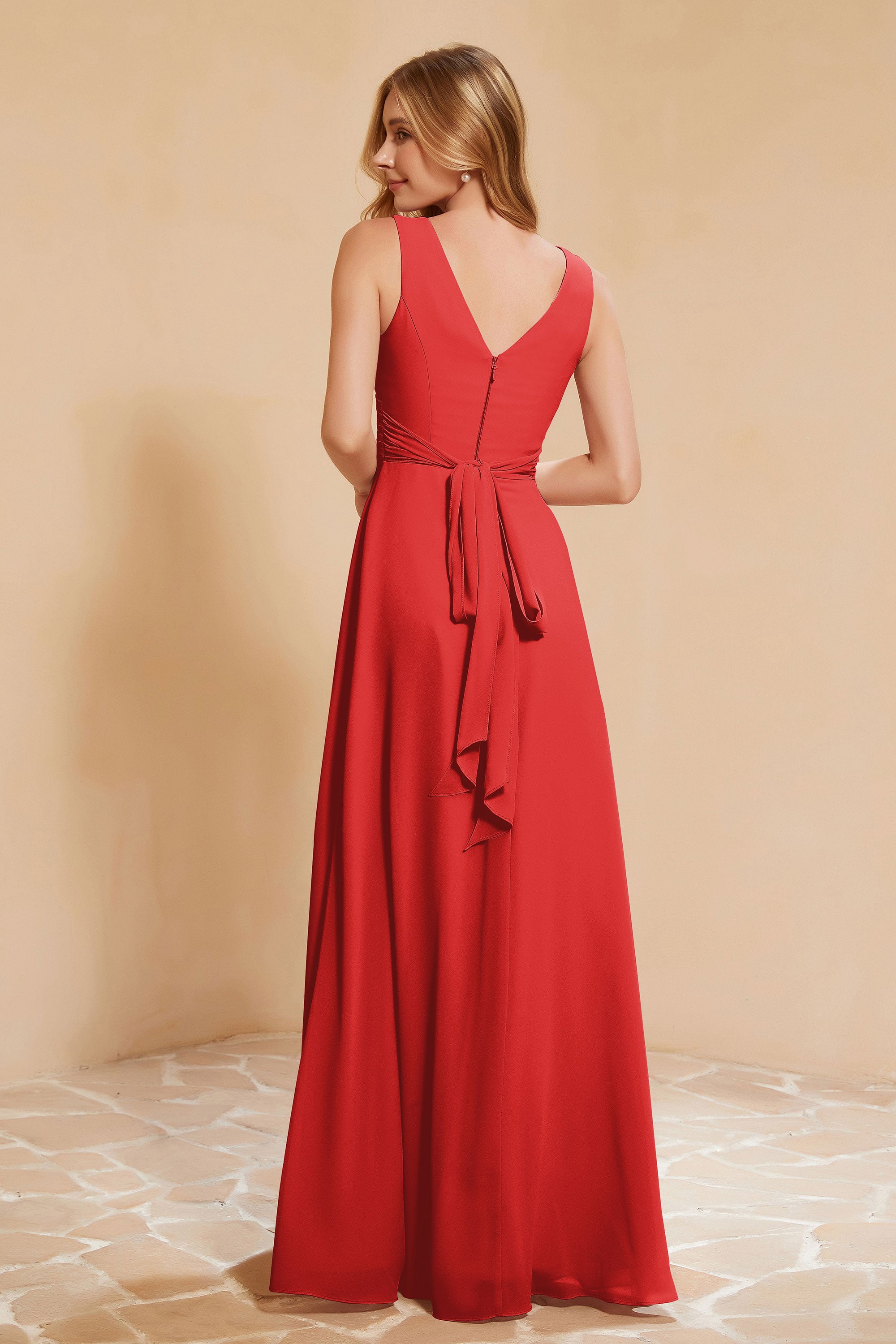 V Neckline Chiffon Bridesmaid Dress Long Pleated A Line Formal Evening Dresses Gowns