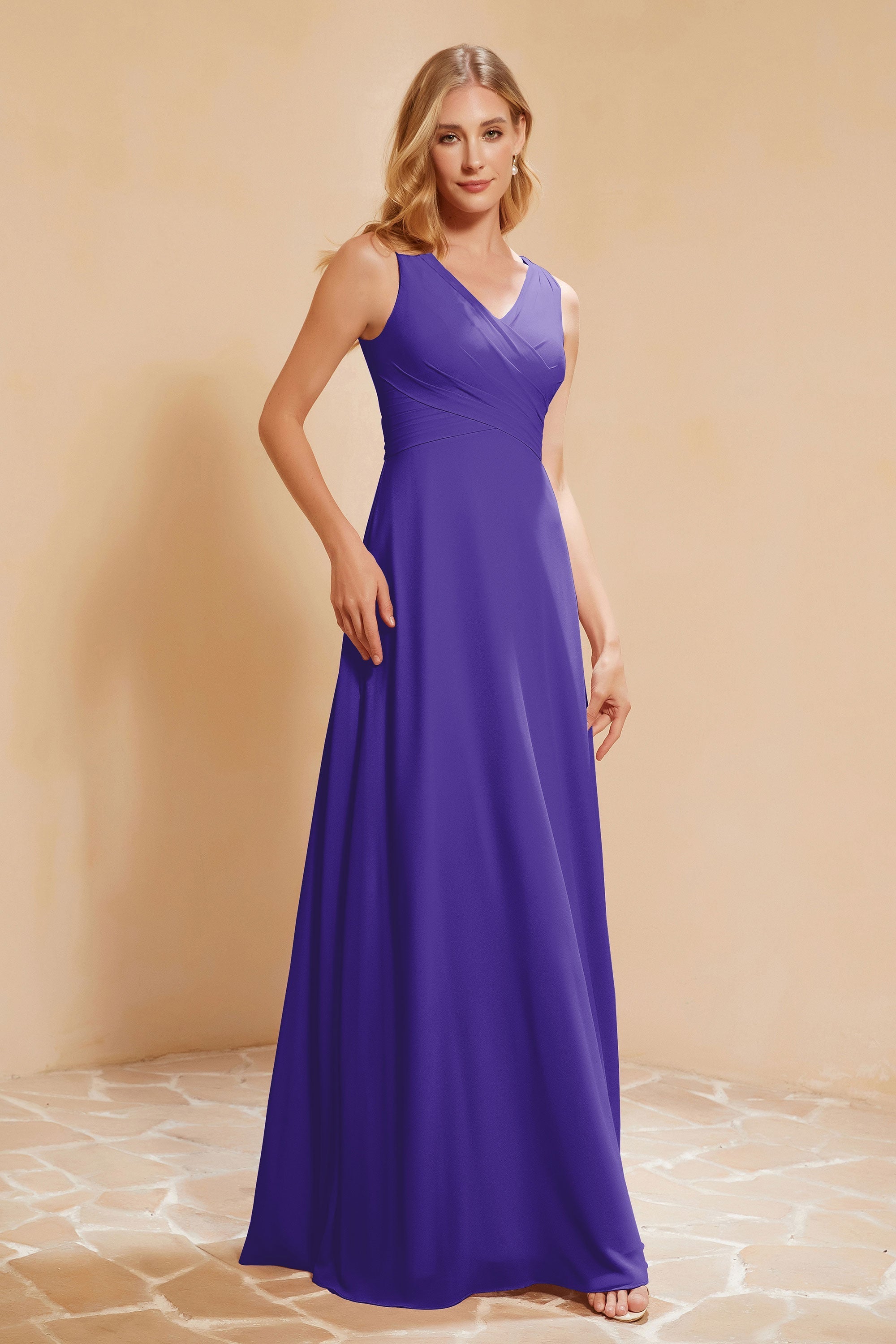 V Neckline Chiffon Bridesmaid Dress Long Pleated A Line Formal Evening Dresses Gowns