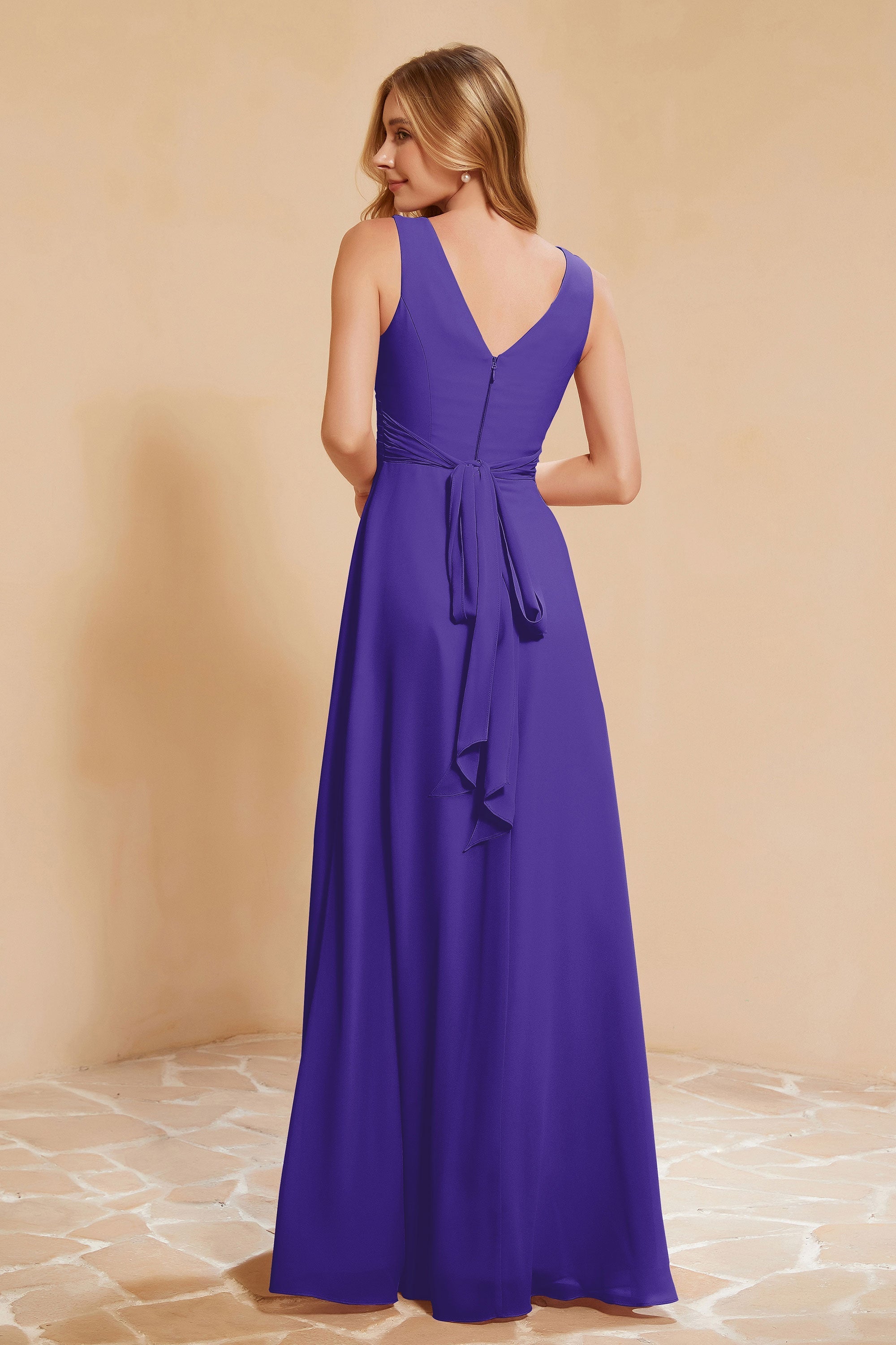 V Neckline Chiffon Bridesmaid Dress Long Pleated A Line Formal Evening Dresses Gowns