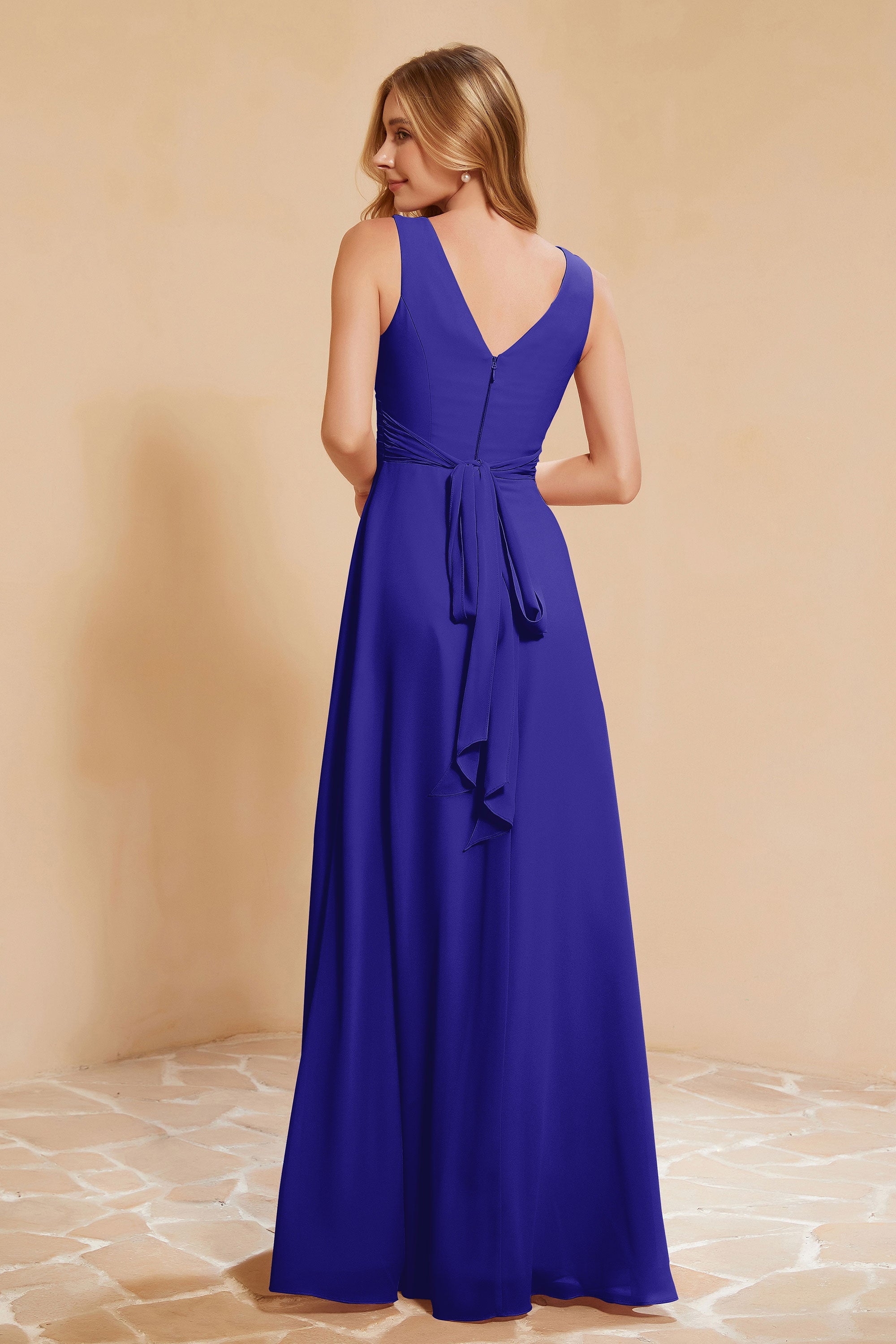 V Neckline Chiffon Bridesmaid Dress Long Pleated A Line Formal Evening Dresses Gowns