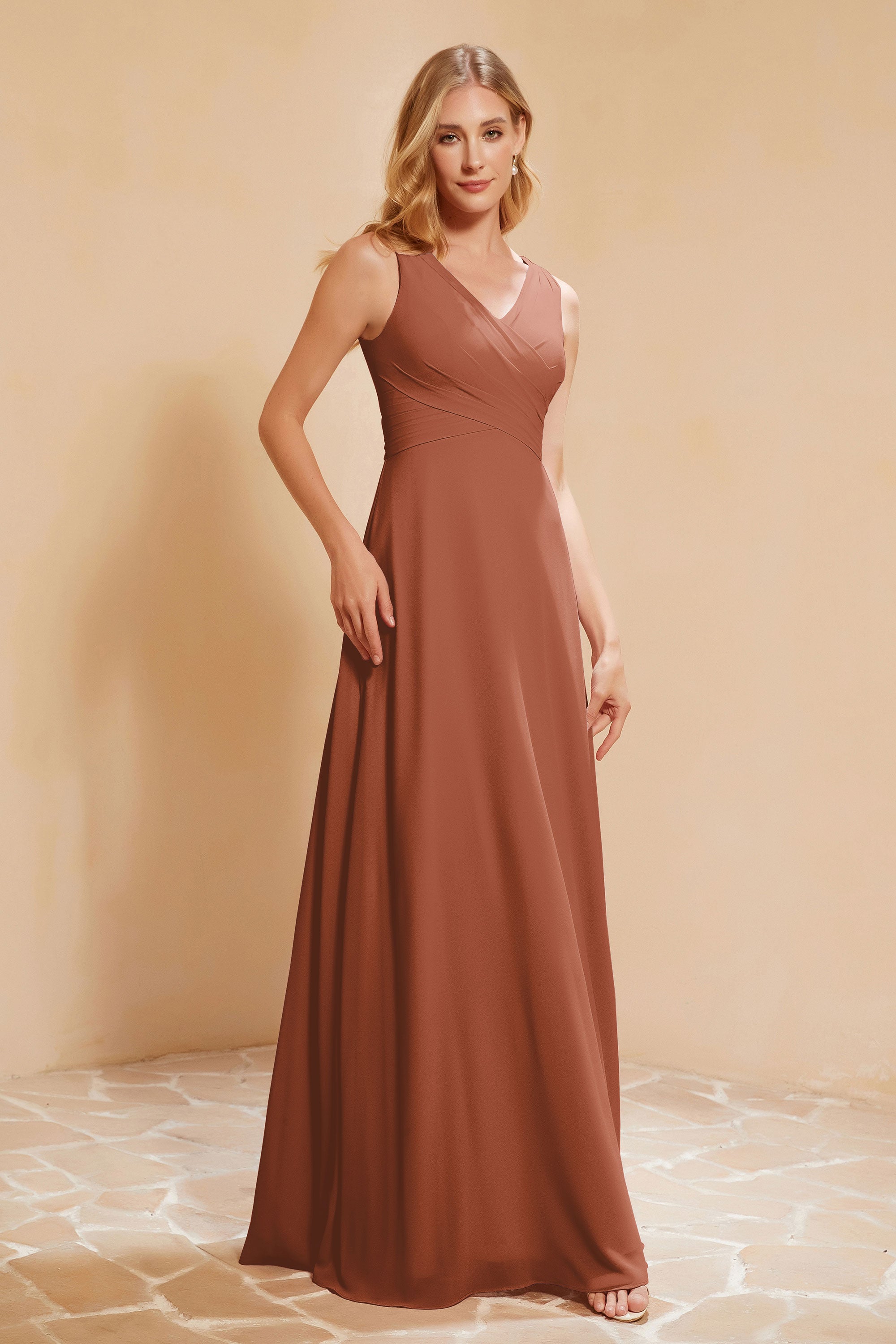 V Neckline Chiffon Bridesmaid Dress Long Pleated A Line Formal Evening Dresses Gowns