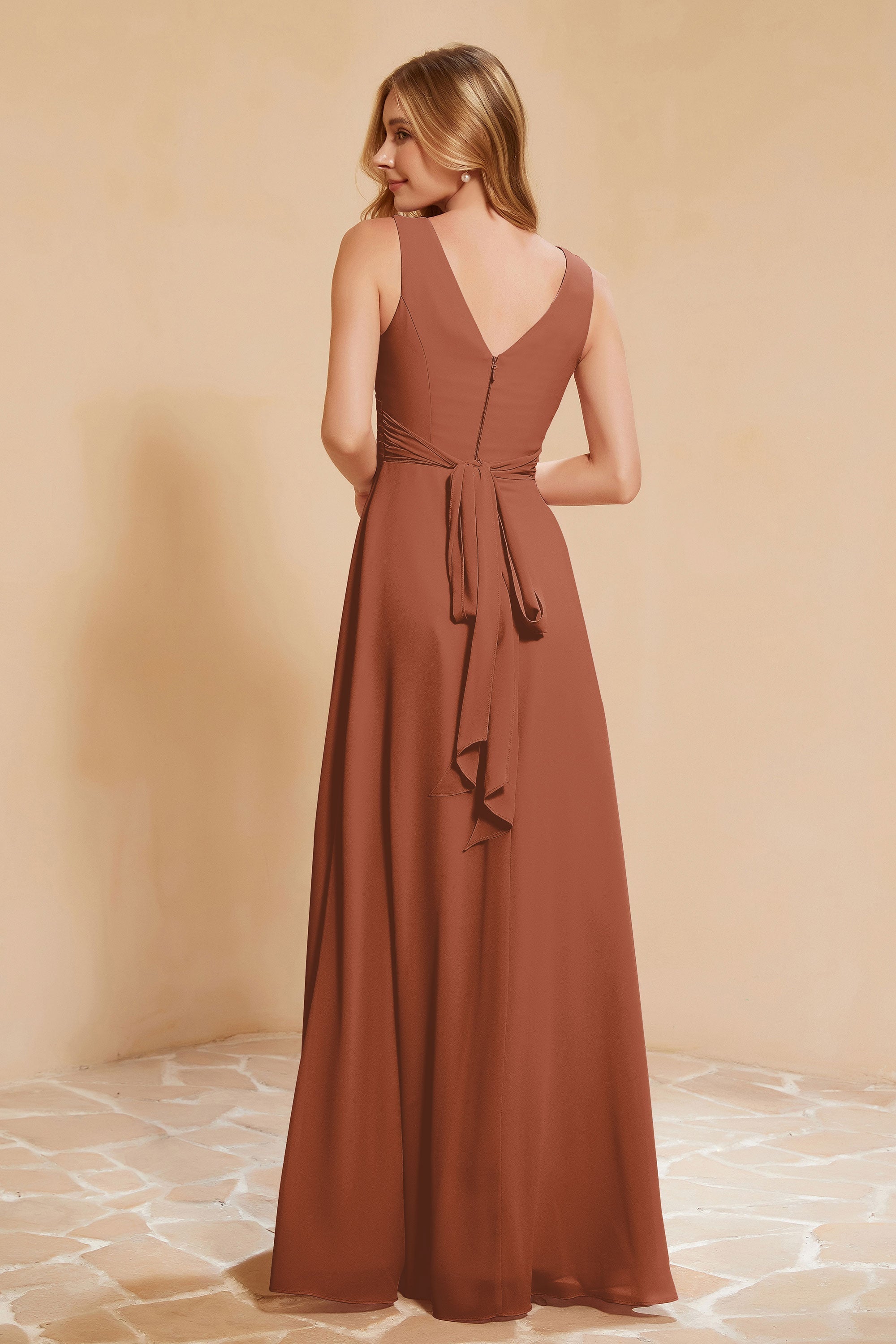 V Neckline Chiffon Bridesmaid Dress Long Pleated A Line Formal Evening Dresses Gowns