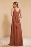 V Neckline Chiffon Bridesmaid Dress Long Pleated A Line Formal Evening Dresses Gowns