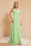 V Neckline Chiffon Bridesmaid Dress Long Pleated A Line Formal Evening Dresses Gowns