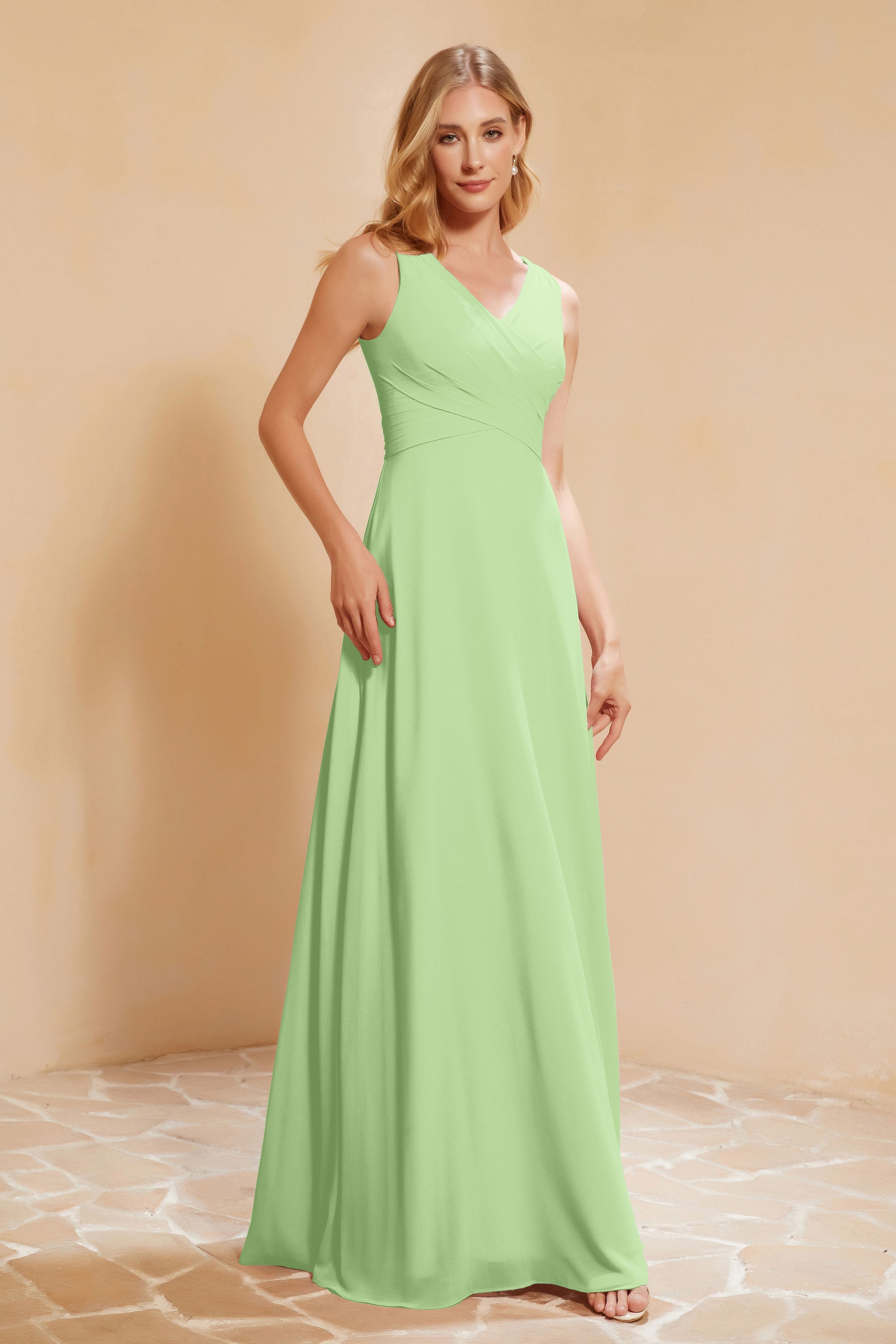 V Neckline Chiffon Bridesmaid Dress Long Pleated A Line Formal Evening Dresses Gowns