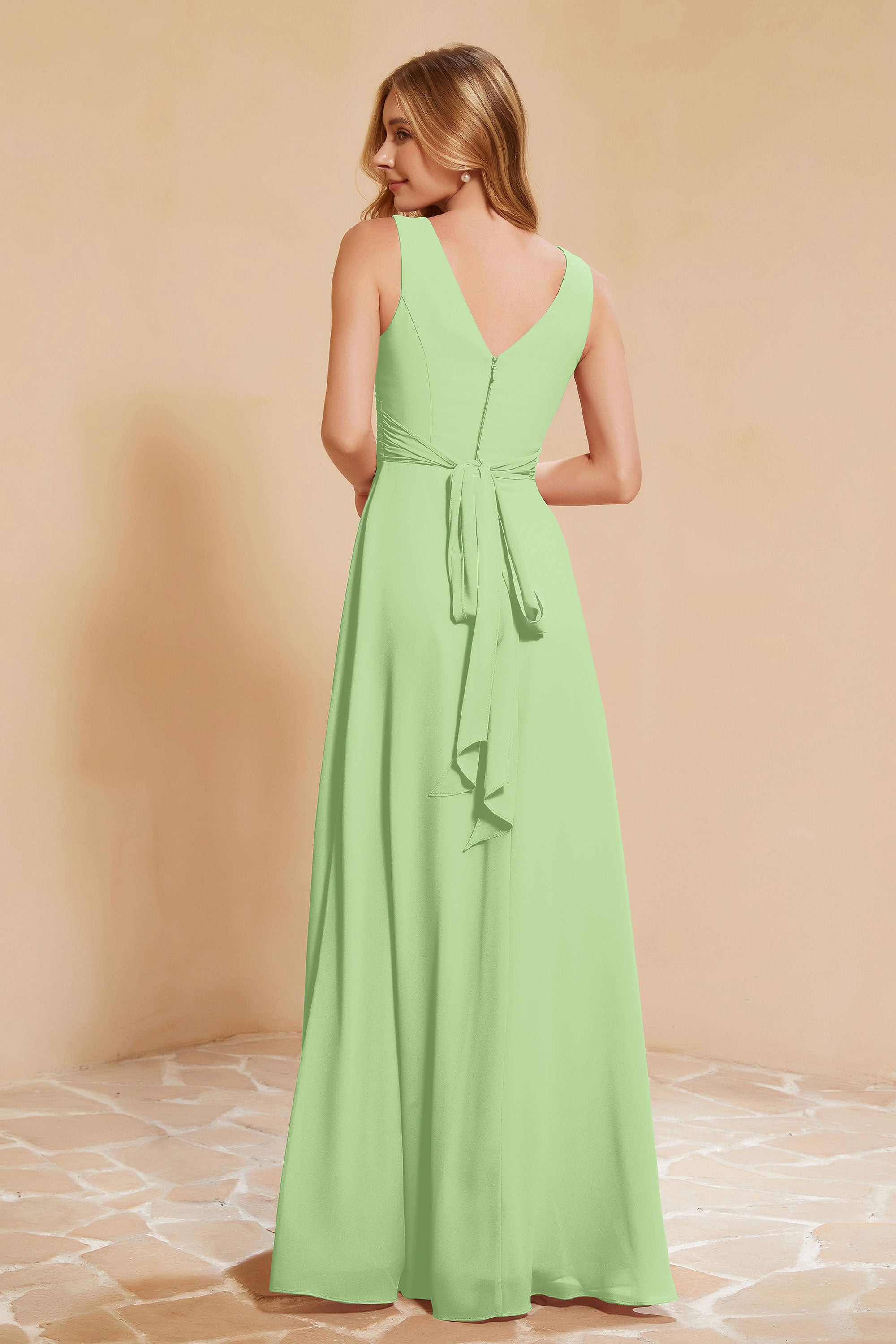 V Neckline Chiffon Bridesmaid Dress Long Pleated A Line Formal Evening Dresses Gowns