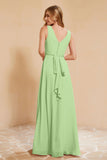 V Neckline Chiffon Bridesmaid Dress Long Pleated A Line Formal Evening Dresses Gowns