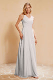 V Neckline Chiffon Bridesmaid Dress Long Pleated A Line Formal Evening Dresses Gowns