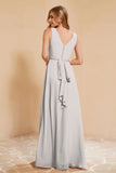 V Neckline Chiffon Bridesmaid Dress Long Pleated A Line Formal Evening Dresses Gowns