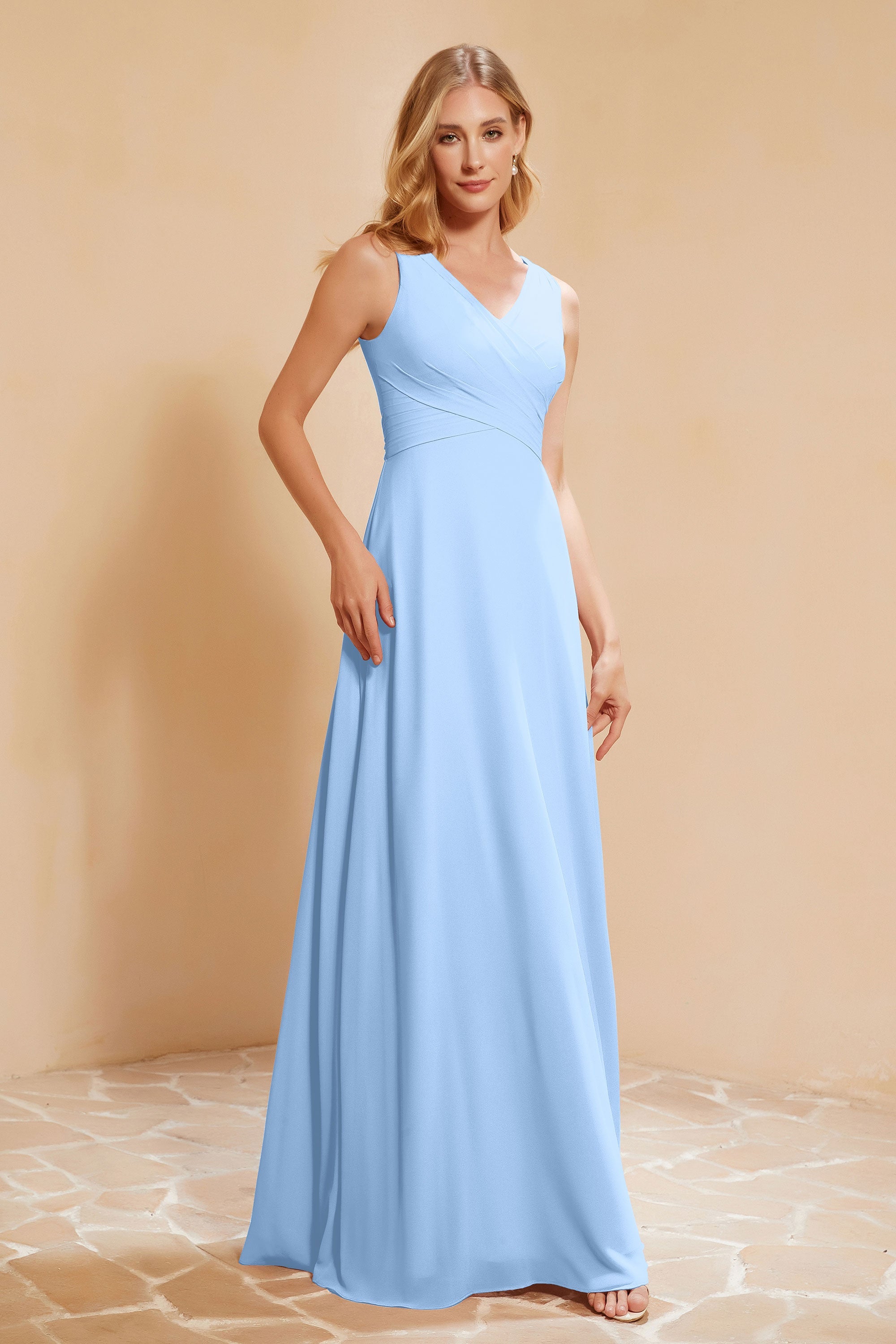 V Neckline Chiffon Bridesmaid Dress Long Pleated A Line Formal Evening Dresses Gowns