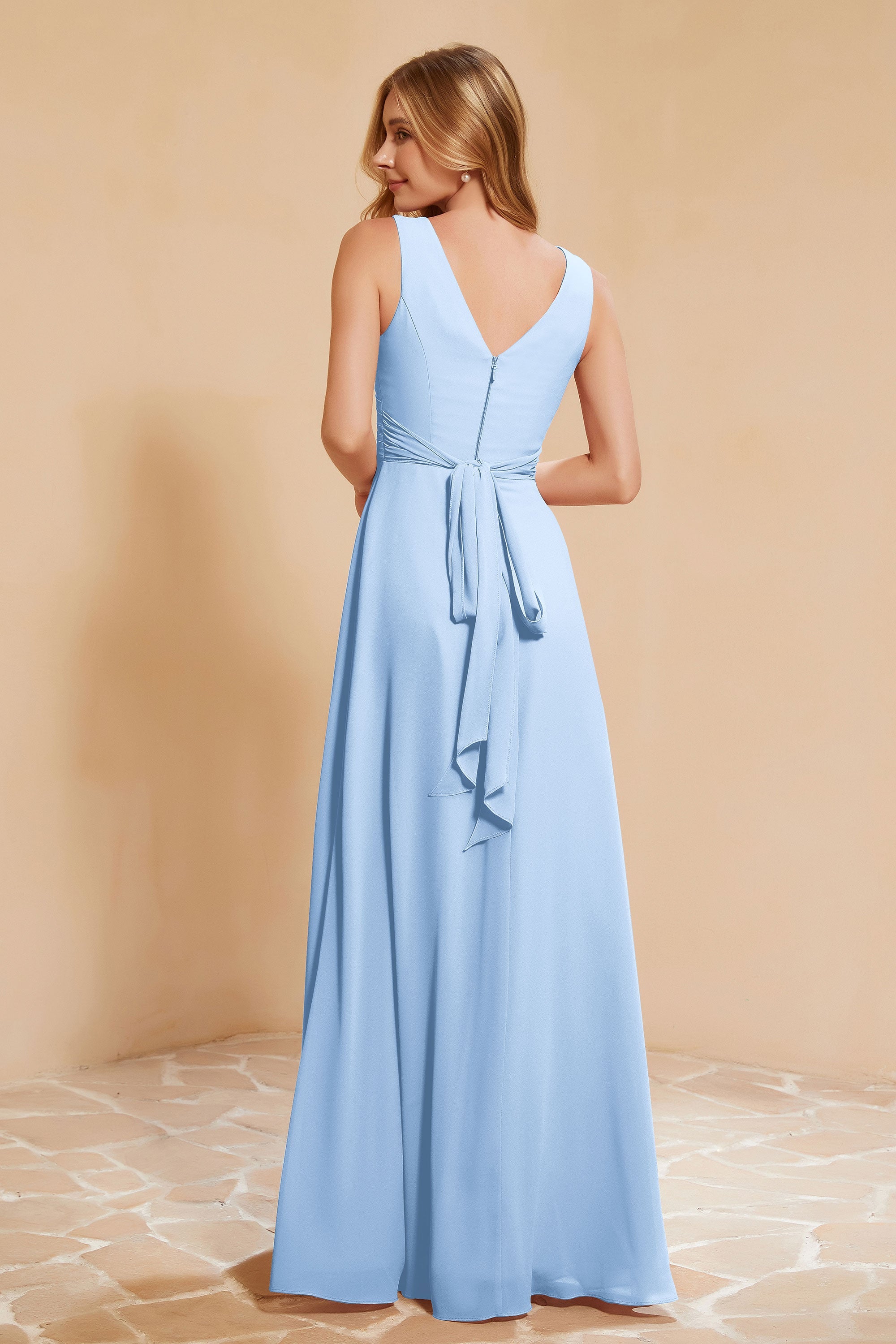 V Neckline Chiffon Bridesmaid Dress Long Pleated A Line Formal Evening Dresses Gowns