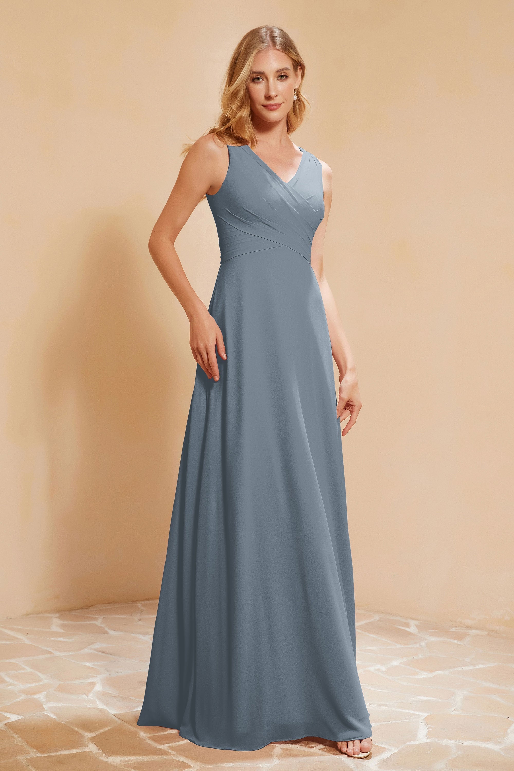 V Neckline Chiffon Bridesmaid Dress Long Pleated A Line Formal Evening Dresses Gowns
