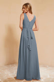 V Neckline Chiffon Bridesmaid Dress Long Pleated A Line Formal Evening Dresses Gowns