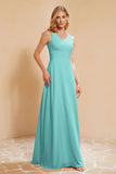 V Neckline Chiffon Bridesmaid Dress Long Pleated A Line Formal Evening Dresses Gowns