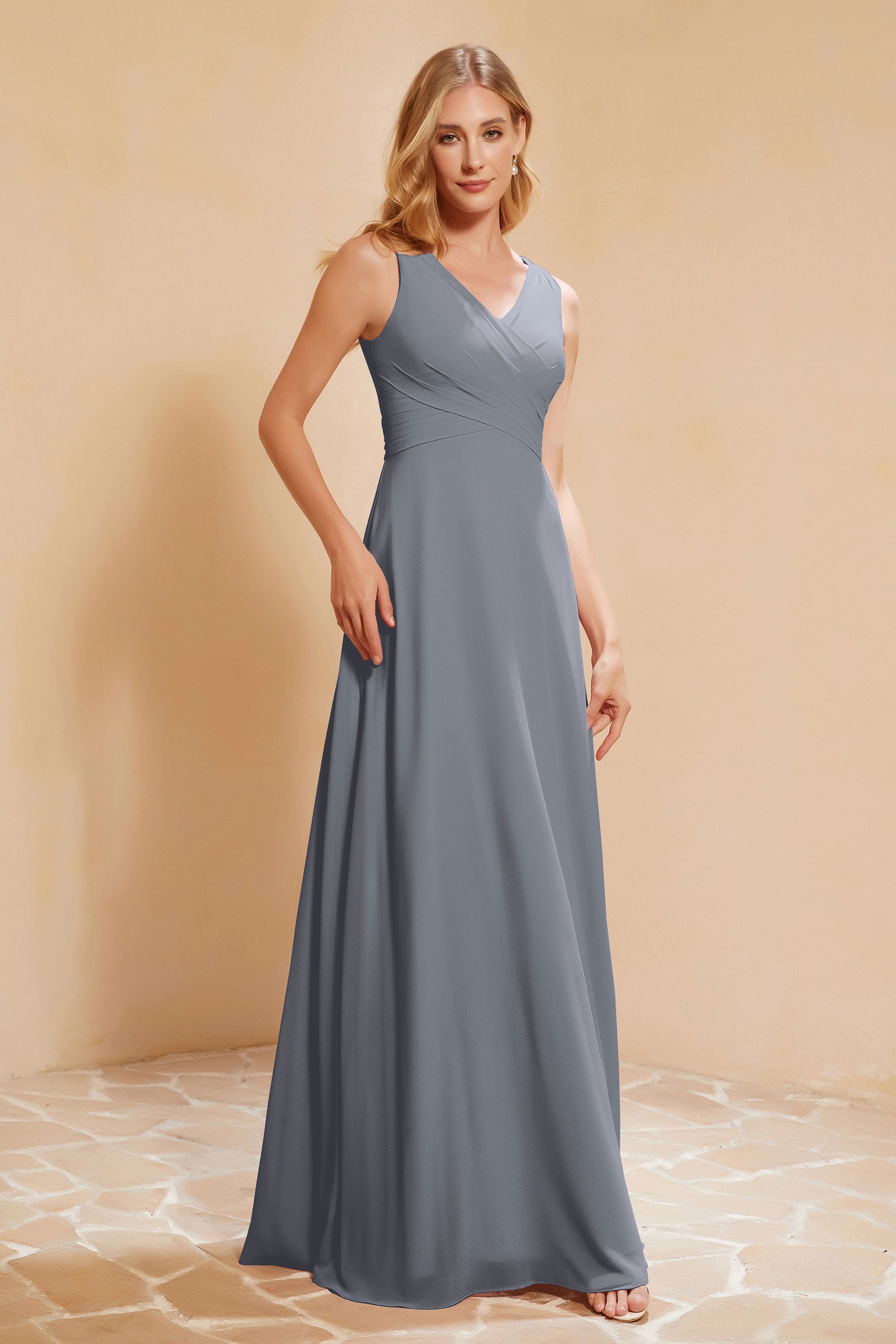 V Neckline Chiffon Bridesmaid Dress Long Pleated A Line Formal Evening Dresses Gowns