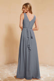 V Neckline Chiffon Bridesmaid Dress Long Pleated A Line Formal Evening Dresses Gowns