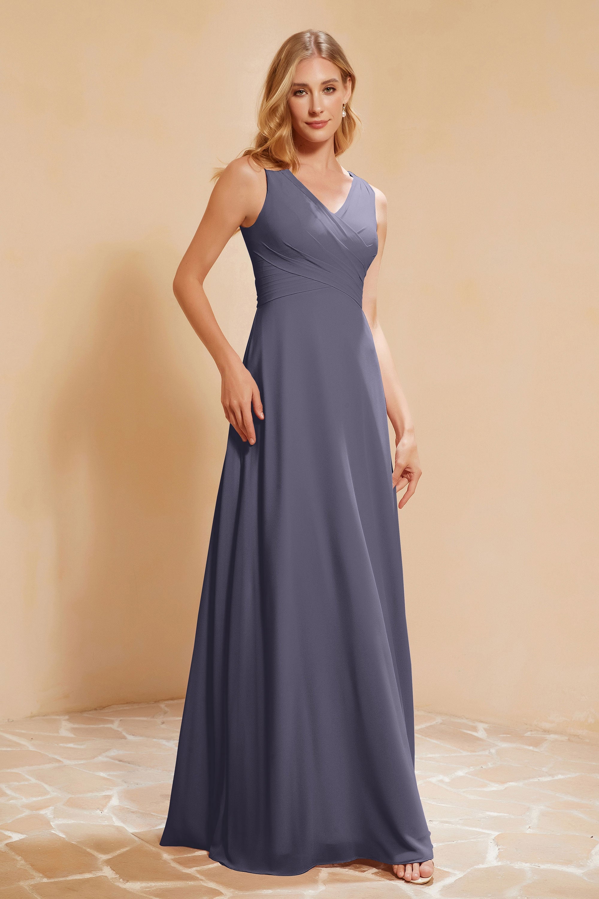 V Neckline Chiffon Bridesmaid Dress Long Pleated A Line Formal Evening Dresses Gowns