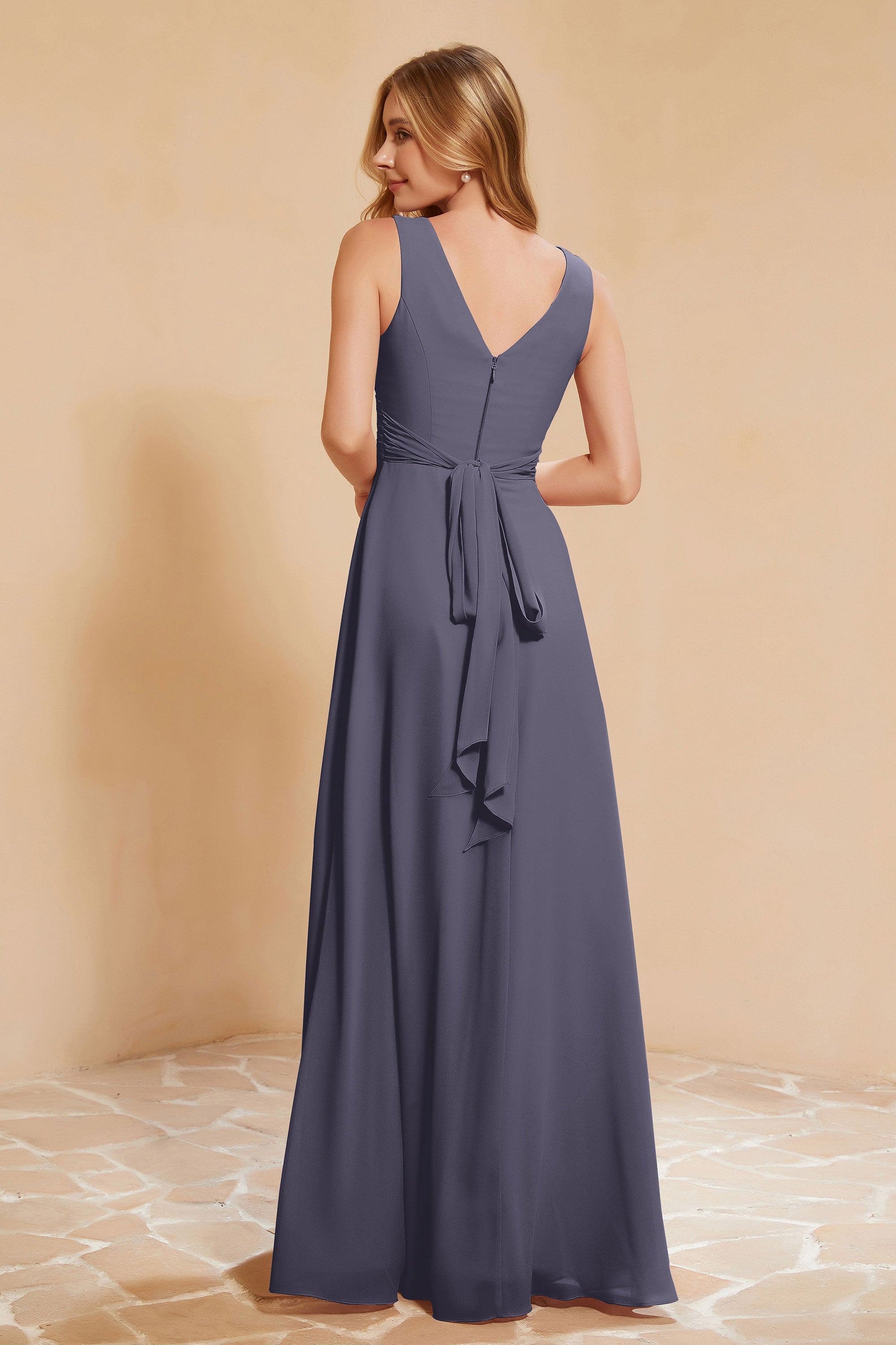 V Neckline Chiffon Bridesmaid Dress Long Pleated A Line Formal Evening Dresses Gowns