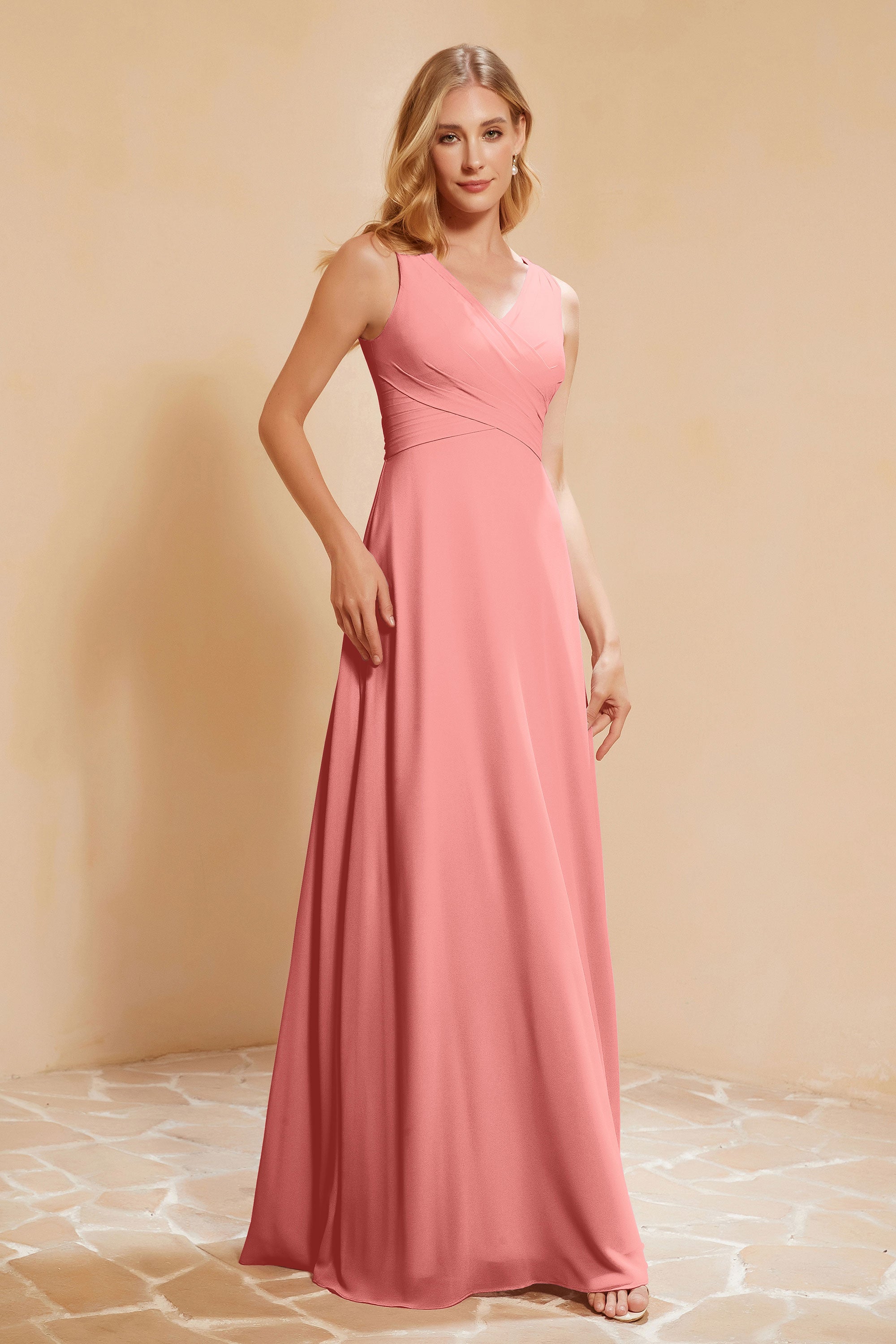 V Neckline Chiffon Bridesmaid Dress Long Pleated A Line Formal Evening Dresses Gowns