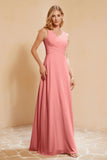 V Neckline Chiffon Bridesmaid Dress Long Pleated A Line Formal Evening Dresses Gowns