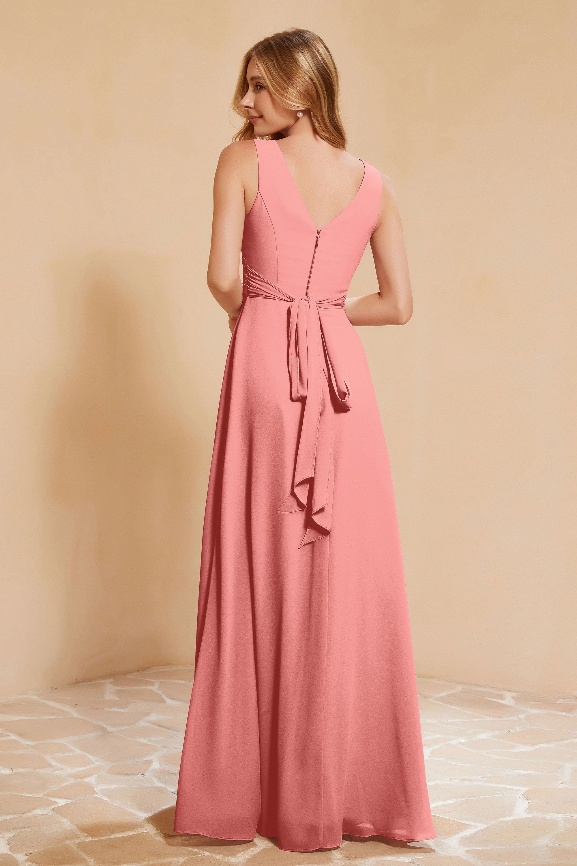 V Neckline Chiffon Bridesmaid Dress Long Pleated A Line Formal Evening Dresses Gowns
