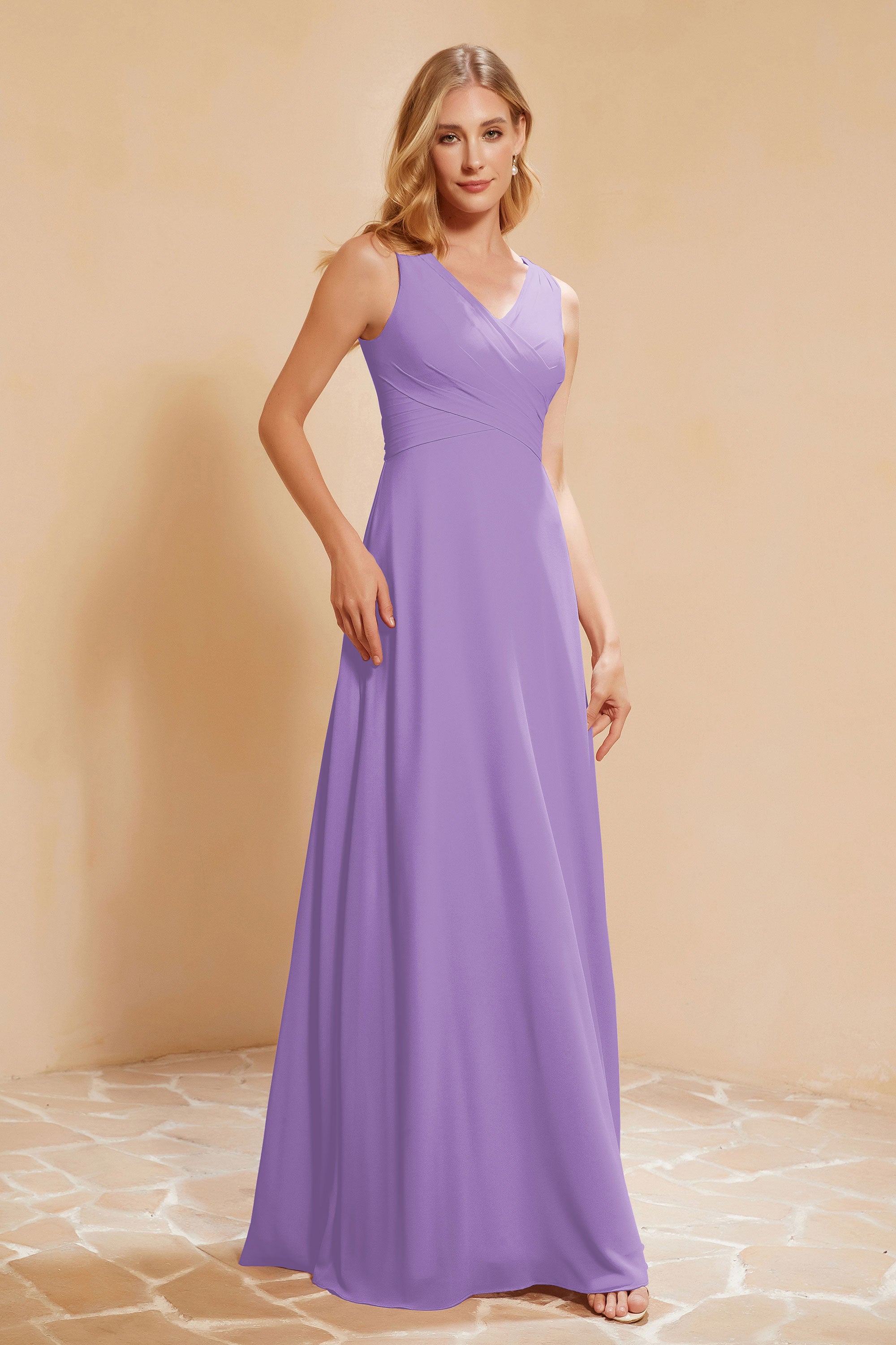 V Neckline Chiffon Bridesmaid Dress Long Pleated A Line Formal Evening Dresses Gowns