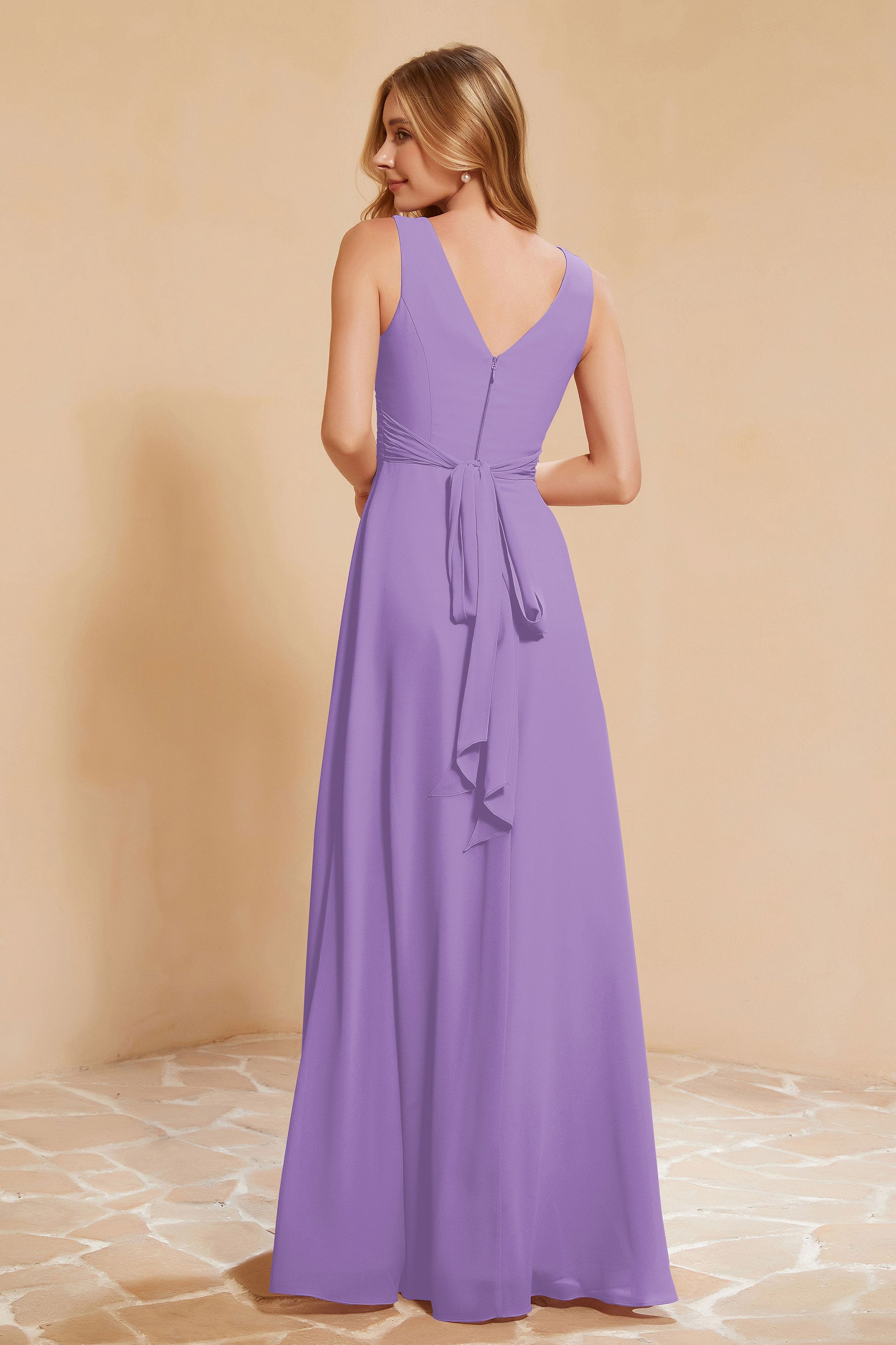 V Neckline Chiffon Bridesmaid Dress Long Pleated A Line Formal Evening Dresses Gowns