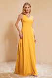 V Neckline Chiffon Bridesmaid Dress Long Pleated A Line Formal Evening Dresses Gowns